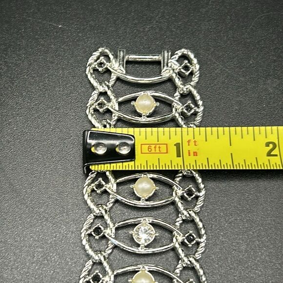 Emmons VTG 1950’s Large Silver Tone Wide Bracelet Faux Pearl Rhinestones MCM - Picture 9 of 9